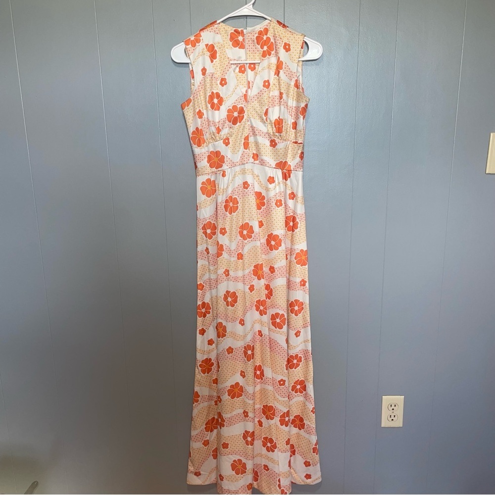 Vintage 70s Homemade Orange Floral Maxi Dress Small Medium